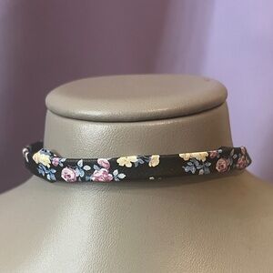 Faux Leather Pink & Yellow Floral Black Choker Necklace w/ Adjustable Length